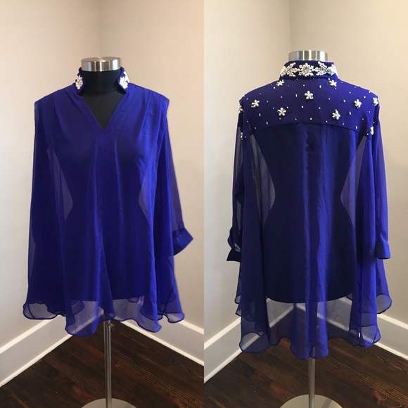 Tops - Electric Blue Sheer Beaded Tunic w/ Pearl Detail